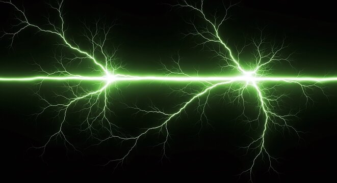 Green lightning bolt electric discharge with branching current on black background - Powered by Adobe