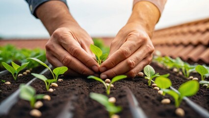 Hands planting seedlings in rich soil, showcasing the process of nurturing new plants for growth and sustainability.