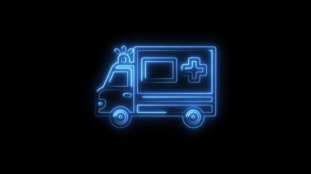 Neon ambulance emergency vehicle on black background animated first aid concept