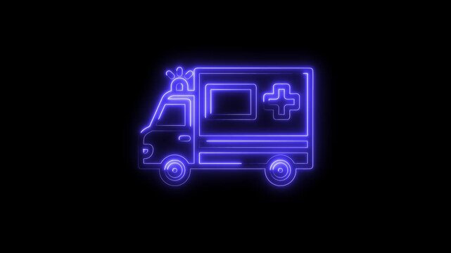 Ambulance outline glowing brightly with neon light effect on black background animation