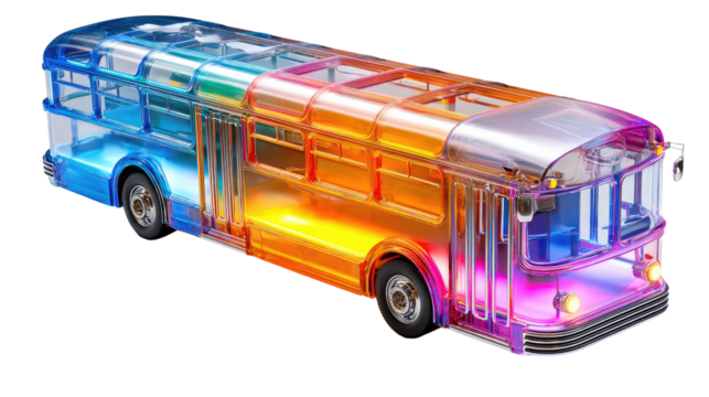 Colorful City Transit: A vibrant, conceptual image of a city bus with a see-through design, revealing the inner workings and colorful illumination that embodies the dynamic energy of urban transport.