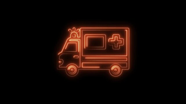 Orange neon ambulance on black background animated emergency vehicle graphic design element