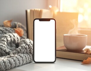 Phone Mockup Near Stack of Books and Warm Tea on Cozy Blanket