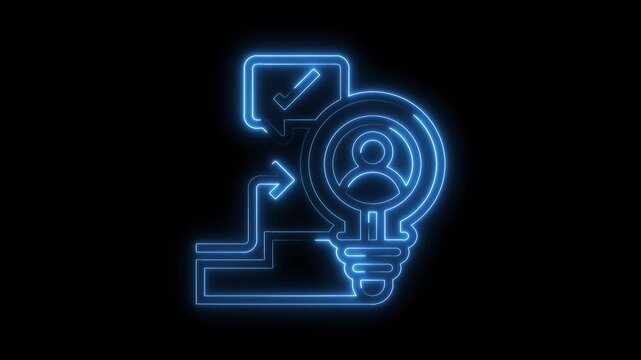 Neon light idea generation process icon shining and transforming on black background,business concept