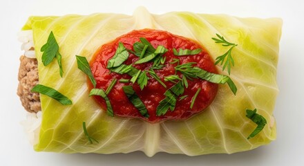 Cabbage roll displays a vibrant display on a clean white surface, showcasing a beautiful combination of textures and appetizing colors, accompanied by rich tomato sauce and fresh herbs, presenting a