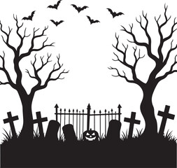 Halloween graveyard scene with bats and pumpkin cemetery