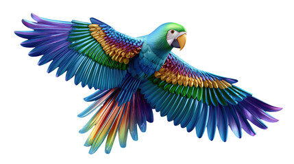 Fototapeta premium Colorful Parrot in Flight: A vibrant and captivating digitally-rendered image showcasing a tropical parrot in full flight, its wings outstretched against the backdrop. 