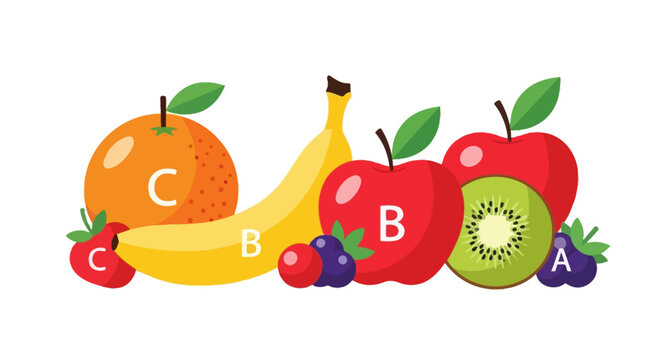 Colorful display of cartoon fruits arranged by vitamin content featuring vivid colors