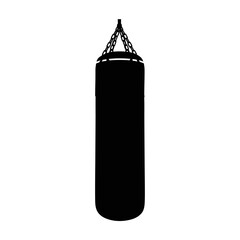 Silhouette of a hanging black punching bag for boxing practice and fitness training
