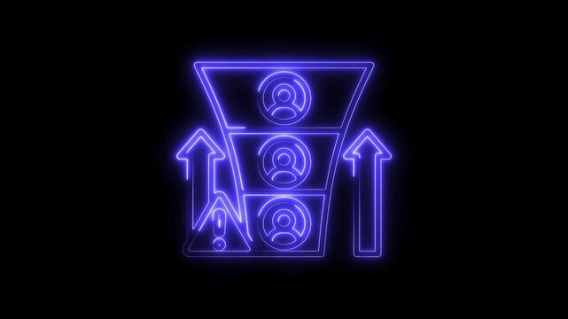 Neon customer conversion funnel illustrating lead generation and sales process with arrows and alert symbol