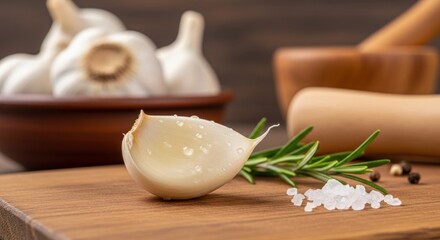 view showcases a fresh garlic clove, adorned with water droplets, accompanied by rosemary sprigs and sea salt crystals arranged on a wooden surface, with a blurred backdrop of garlic bulbs.