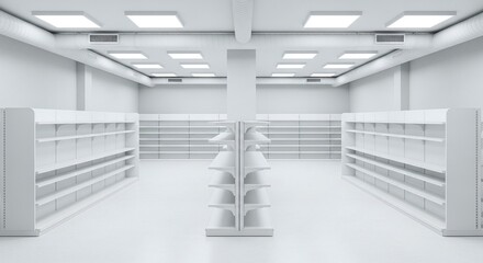 Empty white retail store interior with modern minimalist design, rows of shelving, fluorescent lights, and exposed air ducts in a clean commercial space