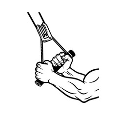 Detailed monochrome illustration showcasing arm muscles during triceps pulldown workout exercise