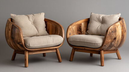 Two wooden barrel chairs with cushions against a gray background.