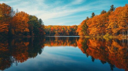 Fototapeta premium A lake surrounded by trees with fall colors