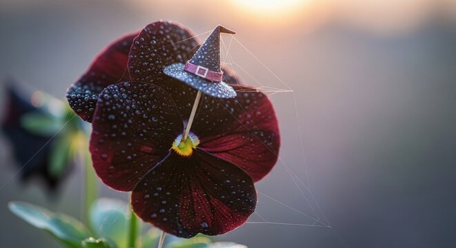 Dark red pansy flower with water droplets and a miniature witch hat decoration, adorned with delicate spider webs, against a soft, golden bokeh background at sunrise