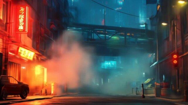 A cyberpunk street scene at night. Neon signs illuminate a misty alley, a car parked under a red sign. Buildings line the street