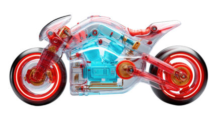 Transparent Motorcycle: A close-up photograph captures the futuristic design of a transparent motorcycle. The internal mechanisms are vividly displayed within the crystal-clear frame.