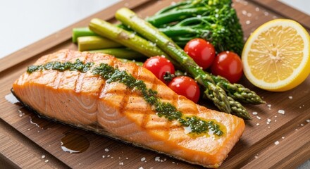Grilled salmon fillet drizzled with green sauce is presented on a wooden board, accompanied by asparagus spears, cherry tomatoes, and broccoli.