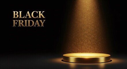 Golden Black Friday 3D text with elegant podium and sparkling light on dark background