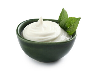 Bowl with tasty sour cream and fresh basil on white background