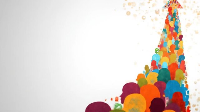 Abstract upward arrow formed by colorful human head silhouettes on a white backdrop