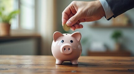 financial freedom independence strategy value concept. Saving money in a piggy bank with a hand inserting a coin.
