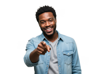 Charismatic man points forward smiling confidently in denim shirt engaging viewer transparent background