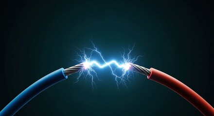 Blue and red electrical wires with exposed ends sparking with electric arc on dark background