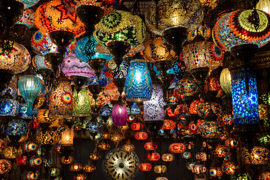 Lamps, Istanbul Bazaar, Turkey: Colorful Turkish lamps hanging in a bustling market, showcasing vibrant artistry and cultural heritage.
