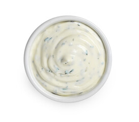 Bowl with tasty sour cream and chopped dill on white background, top view