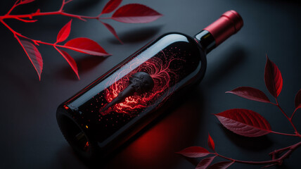 A dramatic product photograph of a black wine bottle against a dark background, illuminated with red lighting.