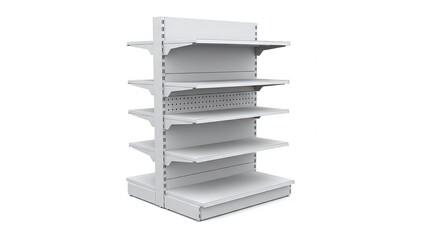Empty modern grey supermarket shelf unit with five tiers isolated on white background