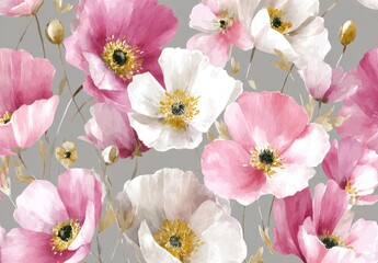 A vibrant floral design showcases a multitude of delicate pink and white poppies against a soft grey background, creating a serene and beautiful aesthetic.