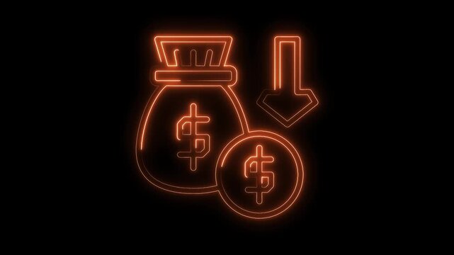 Neon money bag with downward arrow symbolizing financial loss or decrease on black background