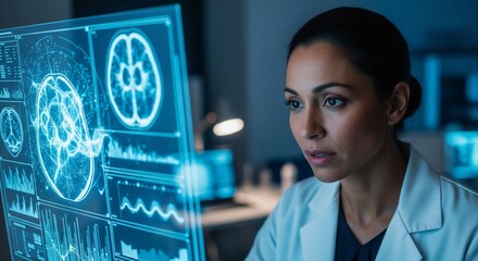 Innovative scientist examines complex biometric data on holographic display