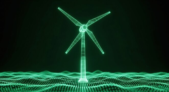 Glowing green wireframe wind turbine on a futuristic digital landscape with abstract particle wave on dark background