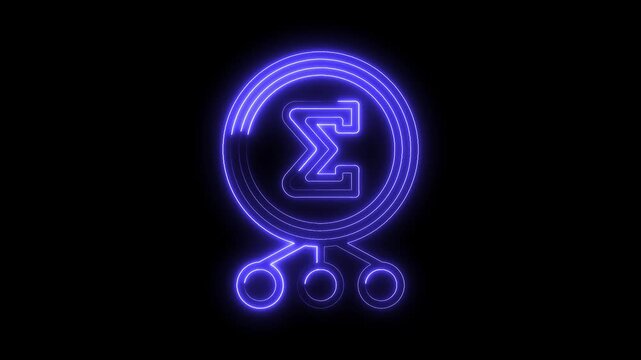 Neon sigma symbol with connected circles glowing on a black background for business presentation