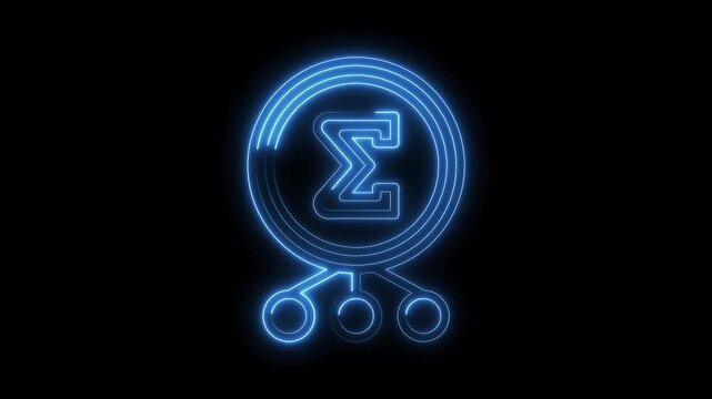 Glowing neon sigma summation icon connected to nodes on black background animation