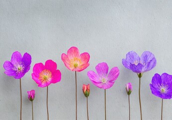 A collection of vibrant, brightly colored flowers in varying shades of pink and purple, arranged in a horizontal row against a neutral, textured backdrop.