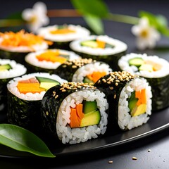 Sushi rolls on black plate