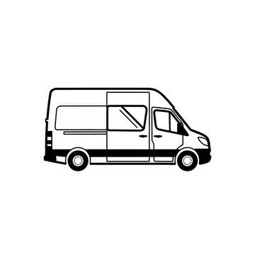 Simple black and white line illustration of a cargo van isolated on a white background