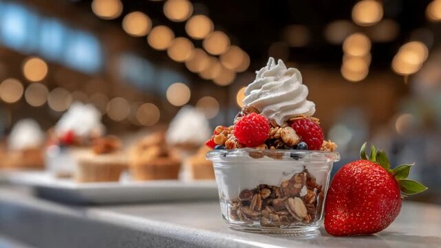 Delicious Yogurt Parfait Topped With Cream and Fresh Berries, Close Up.