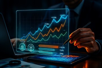 Dynamic business growth analysis shows impressive gains on futuristic digital display for financial success and investment planning in the modern market