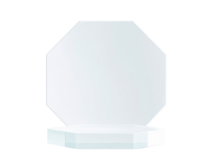 Blank glass octagon award trophy on a stand.