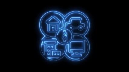 Neon icons representing personal finance goals home car investment and education