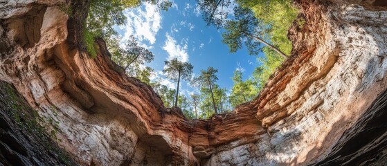 Looking up from within a rocky cavern to a blue sky