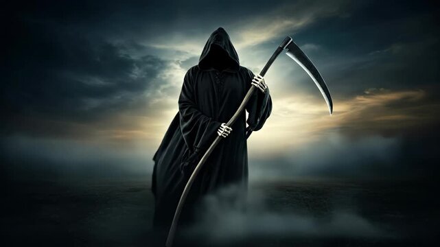A figure in a black robe with a hood, holding a scythe, stands against a dark, cloudy sky, embodying death and the macabre in a spooky and ominous scene.