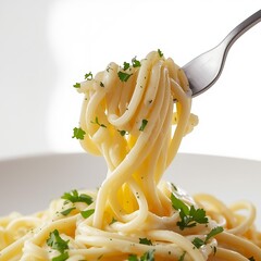 Fork Lifting Creamy Pasta Against White Background 