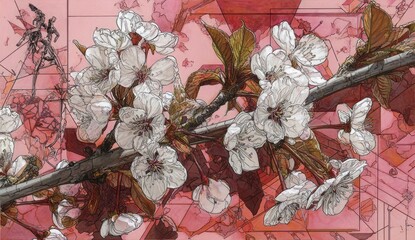 Delicate cherry blossoms, a vibrant display of white blooms against a backdrop of geometrically patterned, shaded rose, a textured and intricate illustration.